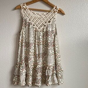 Crochet yoke babydoll Swing Floral Cottagecore Ruffle Roses tiered top sz S